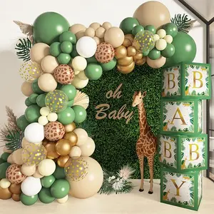 Baby Boxes Baby Shower Decorations for Boy Girl, Safari Balloons Garland Arch Kit with 4Pcs Sage Green Animal Baby Boxes Nude Giraffe Print Balloons for Birthday Party Supplies