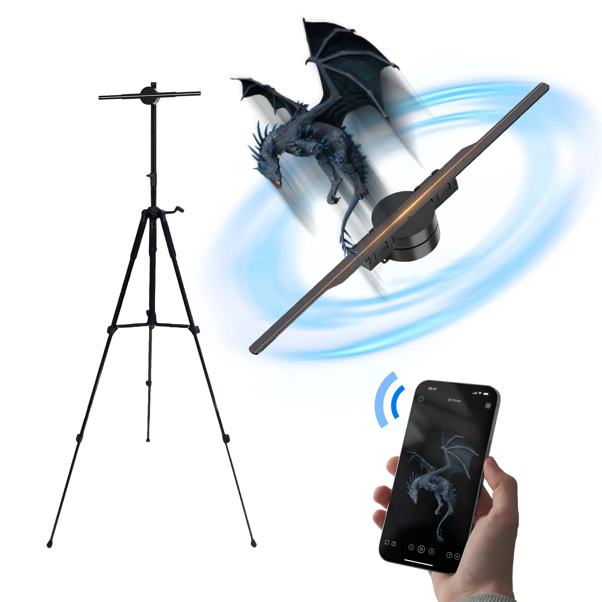 3D Holographic Projector Light, Stand sold separately, 42cm Fan Blade, Plug and Play, APP Controlled,Customizable materials, 244 RGB Leds, Ideal for Festivals, Parties, Ads