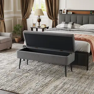 Mid-Century Modern Storage Ottoman Bench, Faux Leather Upholstered Shoe Bench with Safety Hinges, Multi-Functional Seating for Entryway & Bedroom