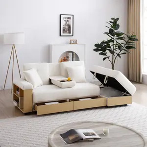 Convertible Sleeper Sofa Bed with Storage Ottoman, Arm Box & Drawer, Drop-Down Table with 2 Cup Holders for Living Room, Beige