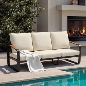 LITTLE TREE Outdoor 3-Seater Sofa withTall Back & 62cm Oversized Seat, Black Metal Frame with Wood Armrests, PET Fabric Cushions, 330 LBS Per Seat Capacity Modern Patio Furniture for Porch, Deck, Backyard, Beige