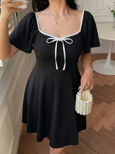 French Sweet Cool Casual Basic Spring Summer Style Fitted Dress, Square Neck with Color Block Bow Tie, Bubble Sleeve, Perfect for Birthday Party, Afternoon Tea Date, Womenswear
