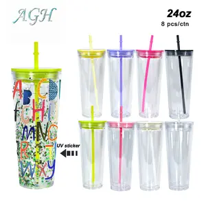 AGH [New Arrived] 8/15pcs 24oz Rainbow Color Snow Globe Plastic Tumblers Double Wall Acrylic Cups for DIY Glitter Gifts