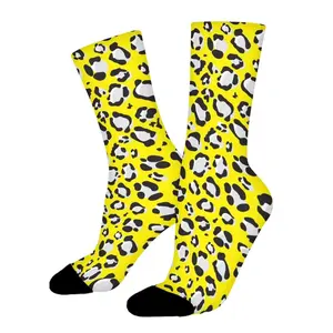 Yellow Leopard Print Crew Socks Premium Polyester Soft Breathable Elastic Comfortable Trendy Animal Pattern Fashion Casual Athletic Socks for Men Women