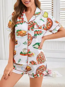 Women's 2-Piece Fun Food Print Pajama Set Pjs, Quirky Foodie Loungewear with Brown Piping, Short Sleeve Lapel Top with Small Pocket & Elastic Waist Shorts, Soft Comfy All-Season Casual Sleepwear for Ladies