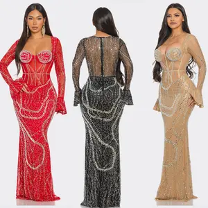 Luxury Crystal Sheer Corset Gown with Bell Sleeves - Rhinestone Mesh Maxi Dress in Red Black & Nude for Special Occasions All-Over Crystal Embellishment Structured Bustier Cups Long Flared Bell Sleeves Bodycon Silhouette Back Zipper