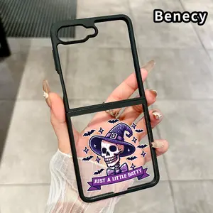 Skull in Witch Hat Pattern Phone Case for Z Flip 7/6/5/4 Silicone TPU Folding Phone Case with Central Axis Protection and Full Lens Coverage
