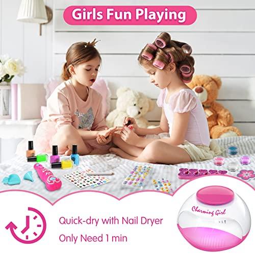 BATTOP Kids Nail Set for Girls, Nail Art Kits with Nail Dryer & Glitter Pen, Quick Dry & Peel Off & Non-Toxic Nail , Christmas Birthday Gifts for Girls Ages 6 7 8 9 10 11 12