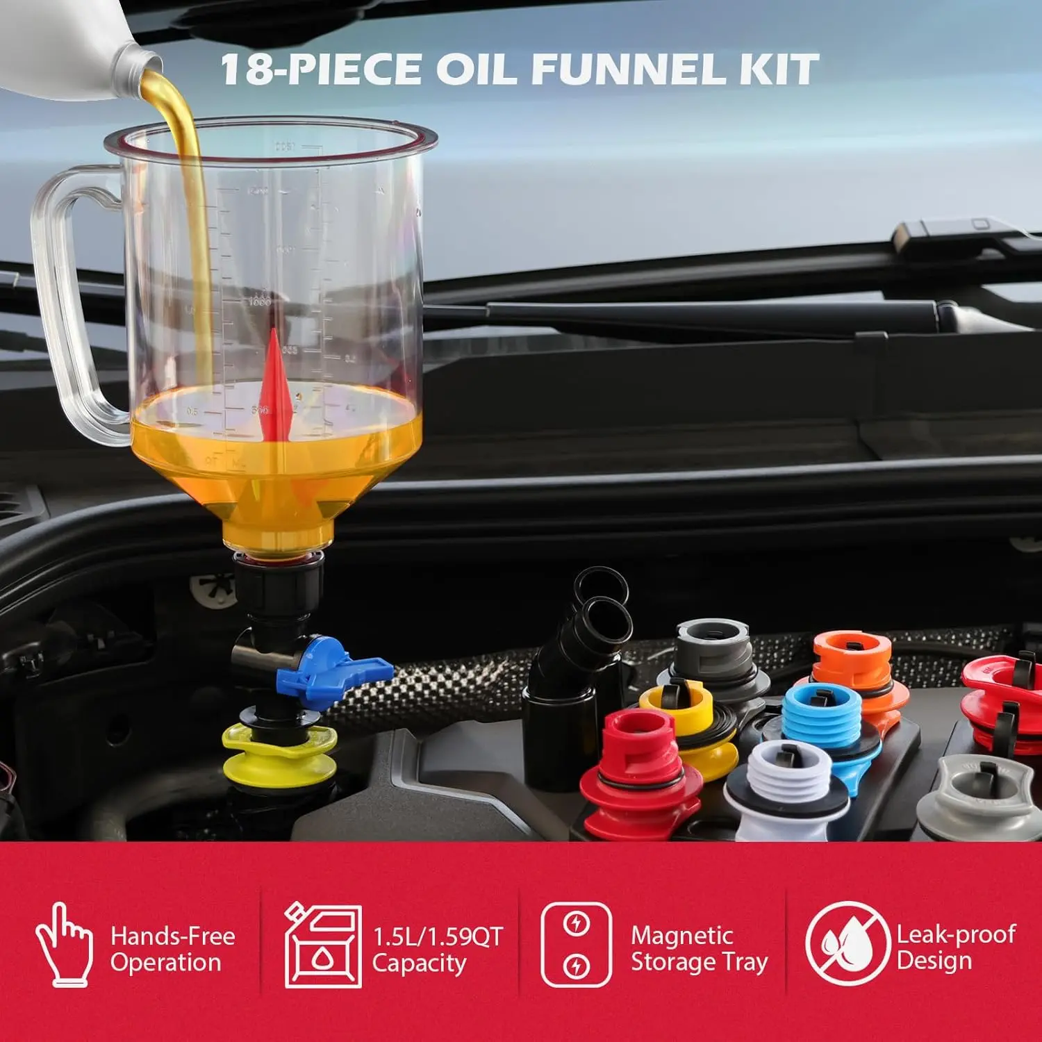 Automotive Engine Oil Funnel Kit, Car Repair Funnel Set with 12 Adapters, Elbow Fitting, Arrow Screen, Magnetic Storage Hooks Tray