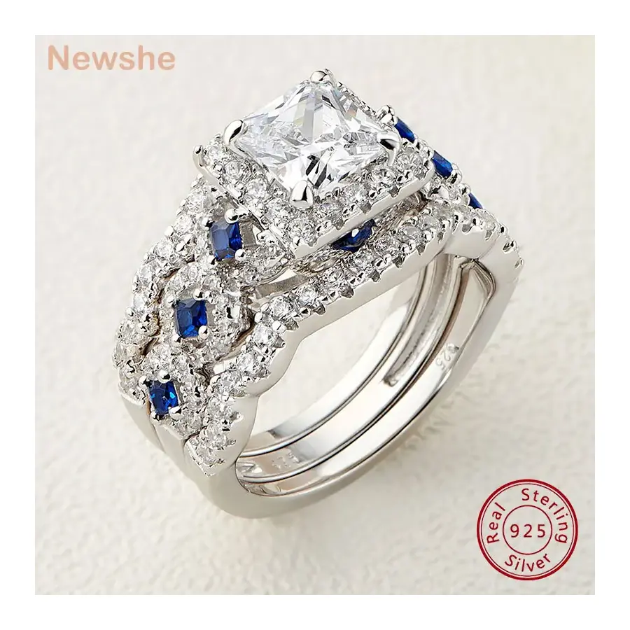 3 Pcs Wedding Rings Set for Women 925 Silver 2.6Ct Princess Cut White Blue CZ Luxury Bridal Engagement Jewelry