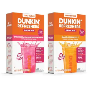 Dunkin’ Refreshers Singles To Go! Powdered drink mix packets, Strawberry Dragon fruit Lemonade & Mango Pineapple, Energy from Green Tea, aspartame-free, no synthetic colors, just add water