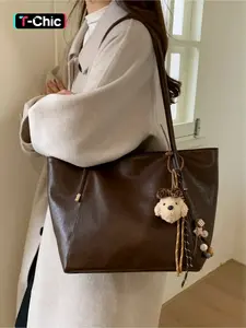 Fashionable waxed leather large capacity tote bag 2025 versatile temperament casual autumn and winter women's shoulder bag Commuter Tote Bag with pendant suitable for commuting, shopping, leisure travel, campus, work and daily accessories