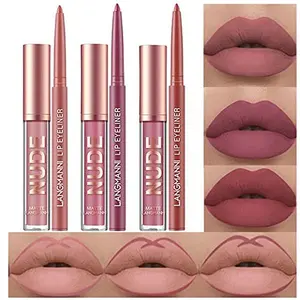 6Pcs Matte Liquid Lipstick and Lip Liner Set, Non-Stick Cup Not Fade Waterproof 24 Hour Lip Gloss Nude Brown Lip Liner Pencil for Women, labiales mate 24 horas originales