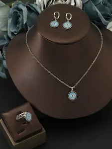 3 Piece Set Silver Color Turkish Evil Eye Blue Zircon Necklace Earrings Ring Set, Women's Party Wedding Luxury Jewelry Gift