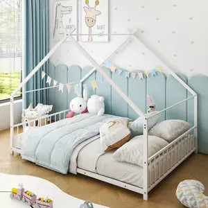 White Metal Twin House Bed Frame with Guardrails, Low Floor Platform Design for Kids, Sturdy Iron Construction, Ideal for Toddlers and Children