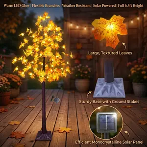 6.5ft Lighted Solar Maple Tree, Pre-Lit Artificial Fall Tree with Warm LED Glow, Weather Resistant Outdoor Thanksgiving & Autumn Decor for Yard Garden