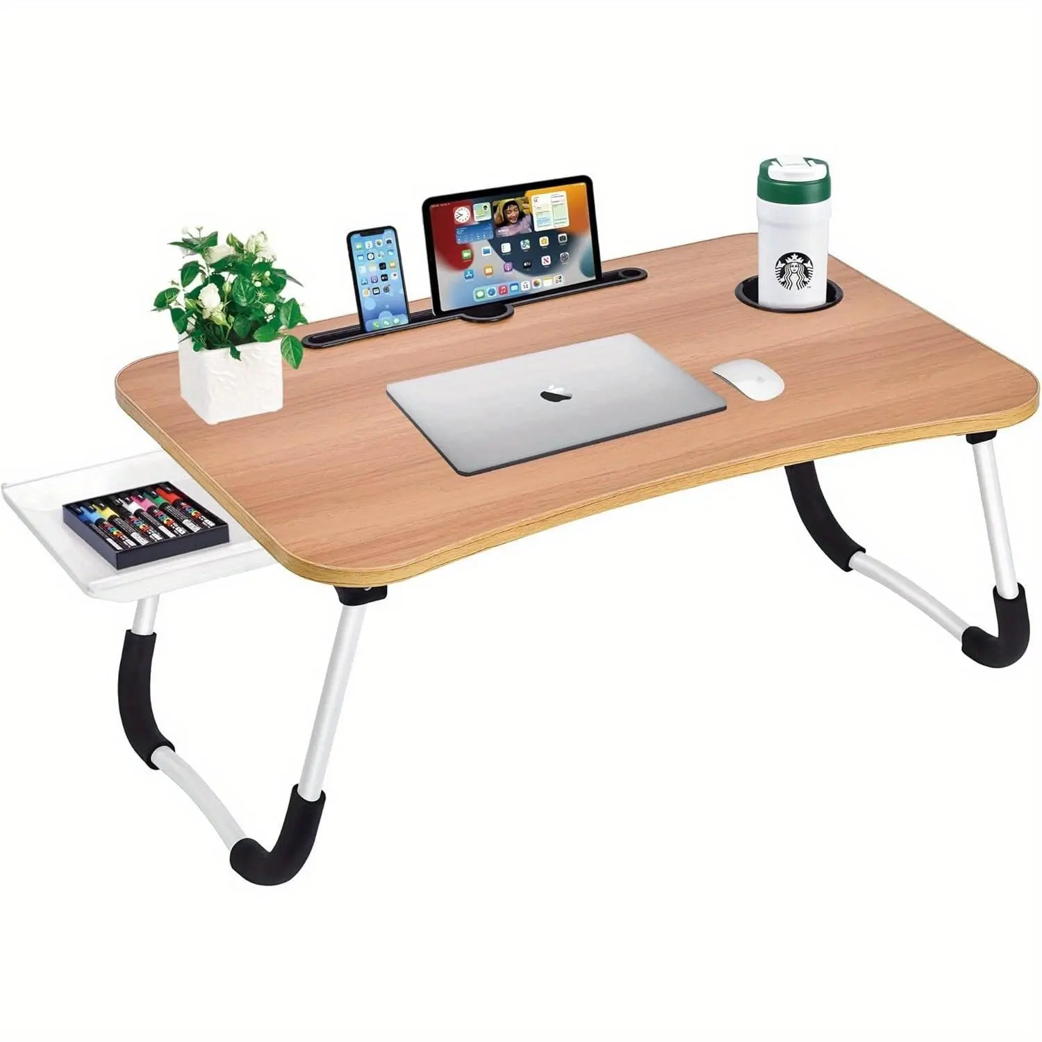 Multi-Use Durable Wooden Laptop Bed Desk Table Tray Stand with Cup Holders & Ergonomic Folding Design - for Bed, Sofa - Home Office Travel Home Organizer Storage Rack Valentine's Day Gift, High Quality