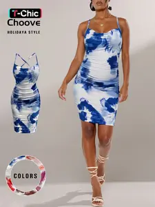 Women's Tie Dye Print Criss Cross Backless Spaghetti Strap Cami Dress, Elegant Chic Ruched Sleeveless Tie Back Bodycon Milkmaid Dress for Summer Beach Daily Wear, Ladies Clothes for Holiday Vacation Dating