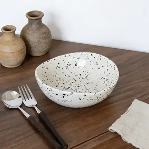 1pc Irregular Ink Splatter Ceramic Salad Bowl, Polka Dot Light Snack Bowl, Home Decor Kitchen Restaurant Use, Fruit Bowl, Dessert Bowl Gift