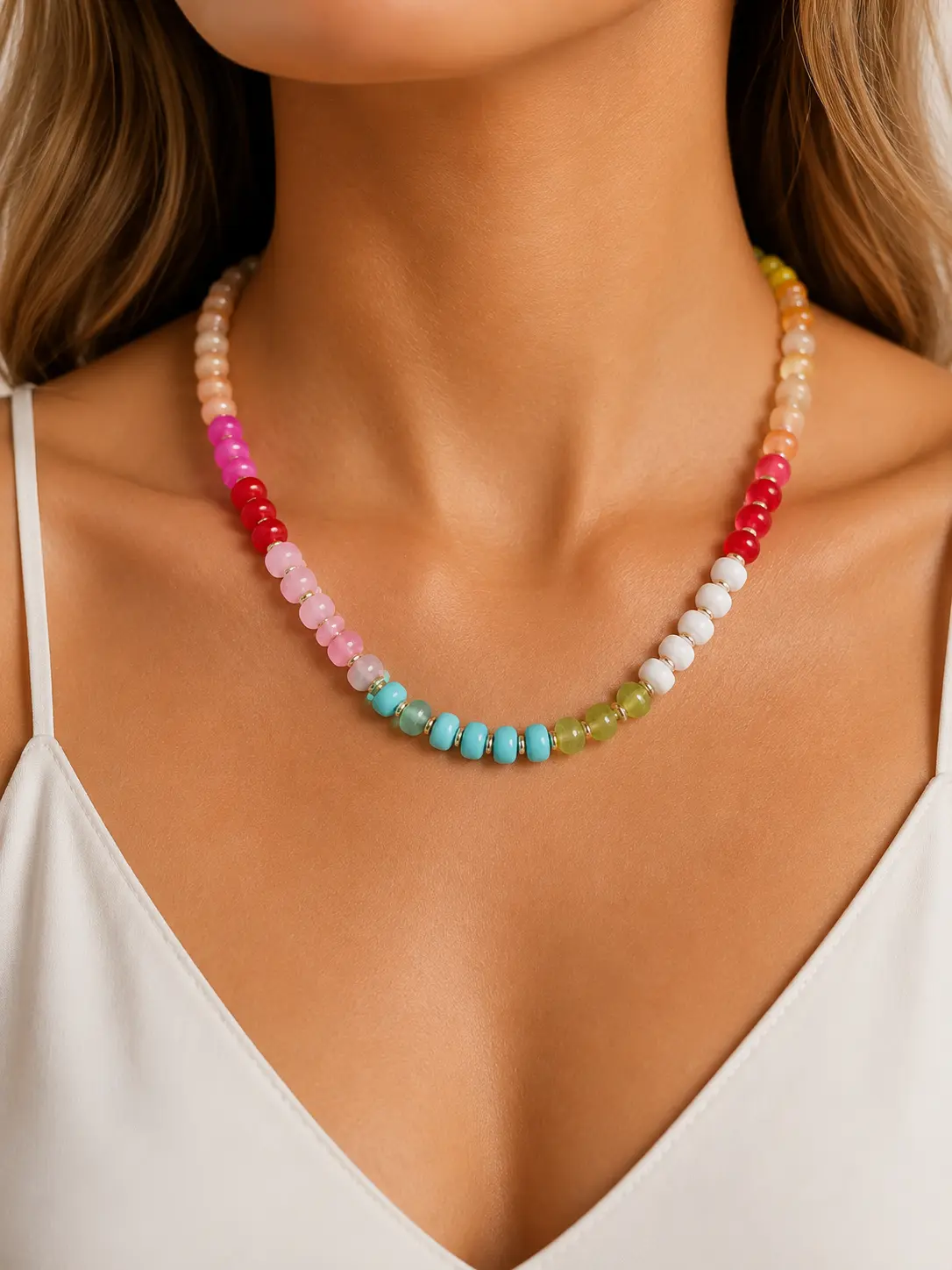 Colorful Rainbow Beaded Necklace Natural Stone Glass Bead Choker Trendy Women's Necklace Multi-Color