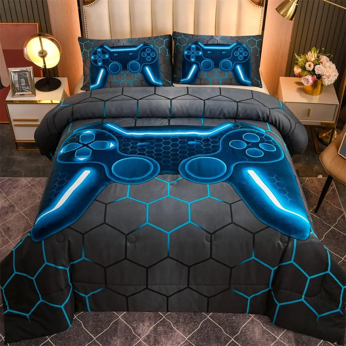 Console Comforter Set for Boys Girls  3D Gaming Geometric Lightweight Microfiber Bedding Sets (Blue, )