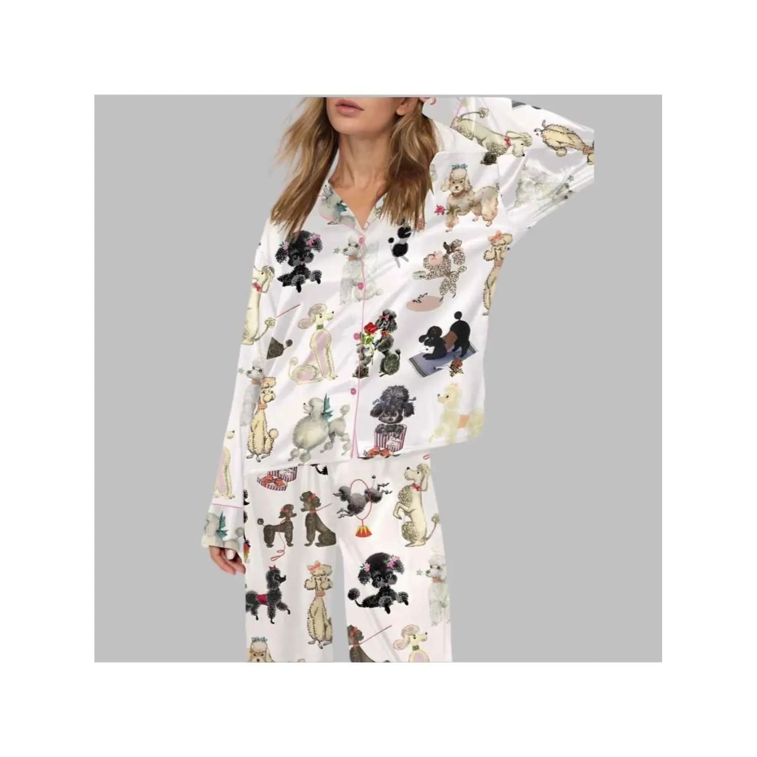 Vintage-Inspired Floral Poodle Print Pajama Set - Long Sleeve Button-Up Shirt & Wide Leg Pants Sleepwear for Pet Lovers