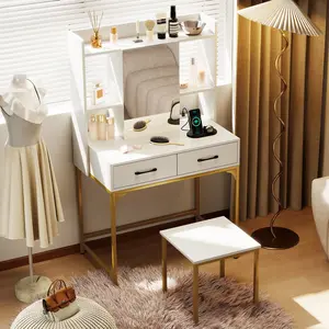 COSTWAY - Vanity Desk with Storage Drawers and Charging Station-White