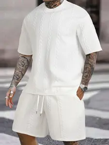 Men's 2 Counts Textured Drawstring Waist Shorts Set, Short Sleeve T-Shirt & Pocket Track Shorts, Casual Fashion Cozy Men Two-Piece Outfits For Spring & Fall