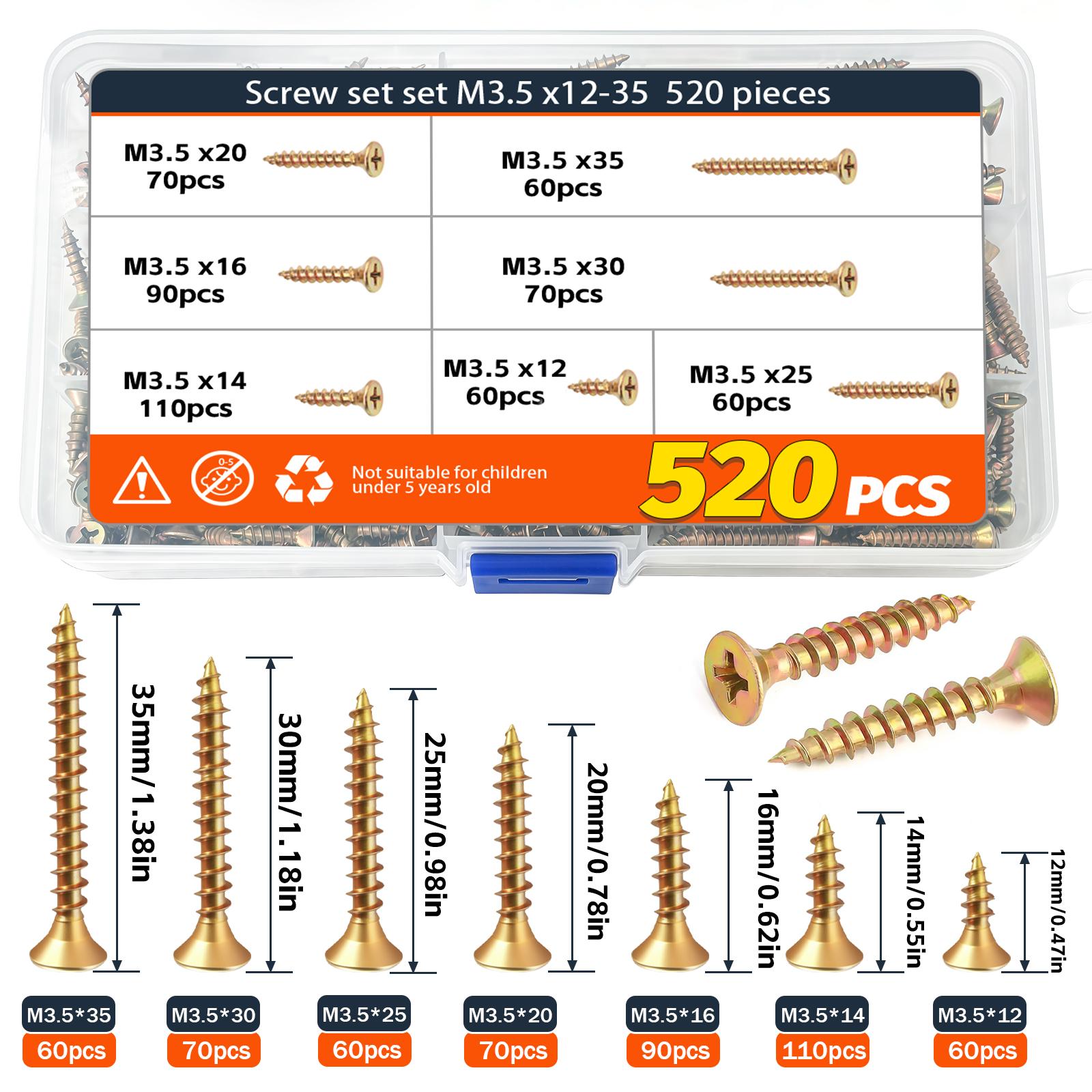520PCS Wood Screws Assortment Kit - Carbon Steel Self Tapping Screw Set, Assorted Small Self Drilling Drywall Screws with Case, M3.5 Length 1/2" to 1-1/2" Phillips Flat Head Sheet Metal Screws,