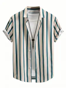 Men's Vertical Striped Short Sleeve Shirt, Casual Button Down Summer Beach Top, Retro Hawaiian, Tropical Style Lightweight Breathable Blouse, Slim Fit for Vacation & Daily Wear, Premium Texture Striped Tee for Young Men, Trendy Aesthetic Streetwear
