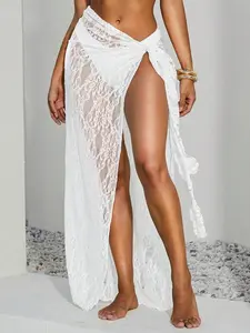 SIRENA Summer Vacation Outfit Women's White Solid Color Knit Knotted Waist Skirt Elegant Mermaid Beach Sarong for Holiday and Party
