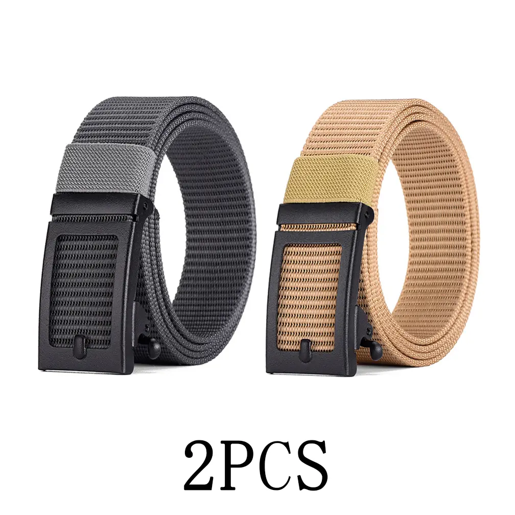 2pcs Men's Casual Nylon Tactical Ratchet Belt, Outdoor Lightweight Breathable Elastic Girdle, Minimalism Slide Waist Band, No-Hole Design Easier Adjustabl, Universal Size- 47 Inches, Trim To Fit, With Durable Square Automatic Buckle, Versatile Accessories
