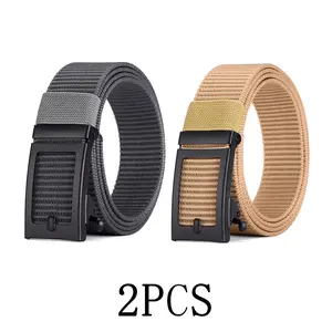 2pcs Men's Casual Nylon Tactical Ratchet Belt, Outdoor Lightweight Breathable Elastic Girdle, Minimalism Slide Waist Band, No-Hole Design Easier Adjustabl, Universal Size- 47 Inches, Trim To Fit, With Durable Square Automatic Buckle, Versatile Accessories