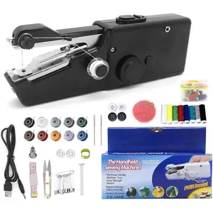 Sewing Machine Kit Mini USB Manual Hand Held Stitching Stapler Small Easy Sew Machine Beginners Travel Tiny Tailor Sewing Embroidery Tool Device (Black)