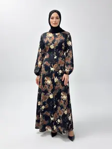 Elegant Long Sleeve Flowy Dress with Zip Pocket and Tie, Lightweight Summer Maxi Skirt, Printed Design for Spring and Summer, Maxidresses