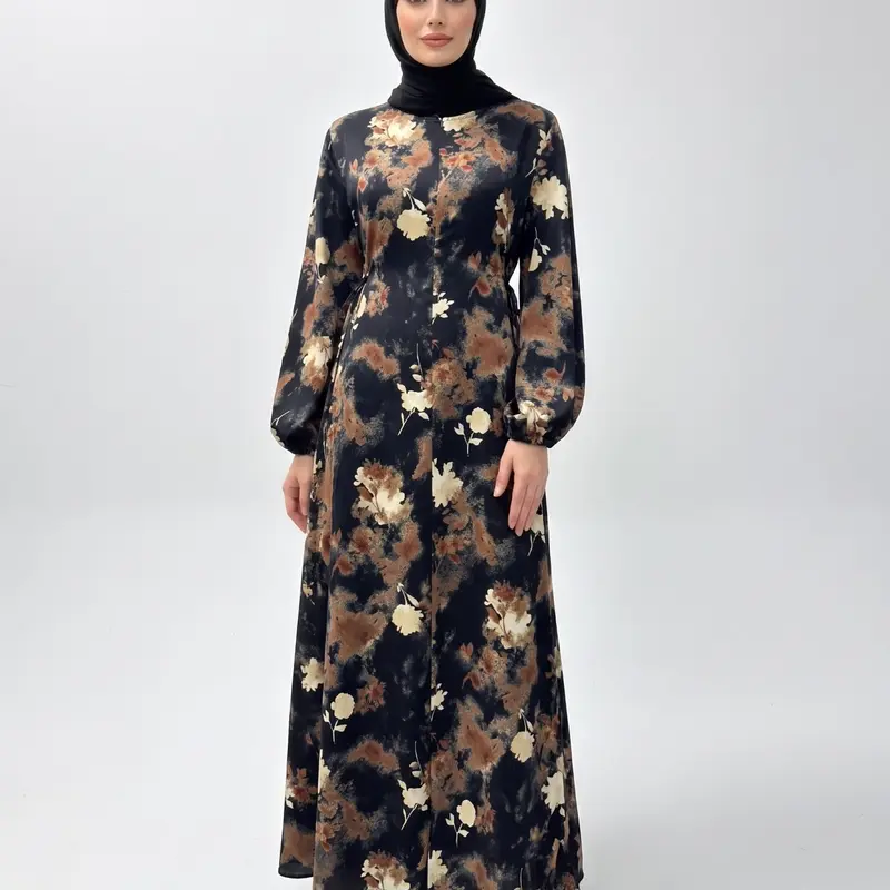 Elegant Long Sleeve Flowy Dress with Zip Pocket and Tie, Lightweight Summer Maxi Skirt, Printed Design for Spring and Summer