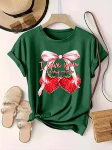 【Plus Size】 Strawberry & Bow Print Tee, Casual Letter Print Short Sleeve T-shirt for Daily Wear, Women Clothing for All Seasons Sweatshirt, Hoodie, Comfort Colors