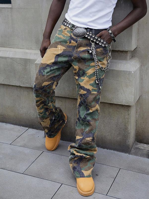 Jeans for men - Men’s Flared Camouflage Jeans with Layered Design for Street Style Wear baggy jeans for men y2k clothing jeans pants for men clothes for men airport outfit black jeans outfits winter going out outfits y2k clothes pants for men cargo