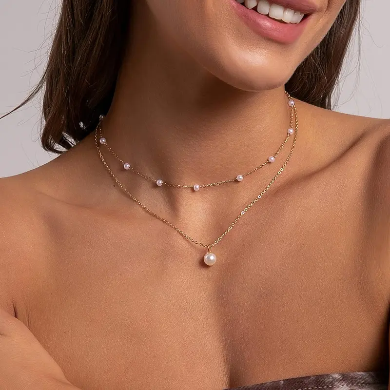 Tasiso Women's Dainty 8 mm Pearls Beaded Double Layer Choker Necklace - 14K Gold-Plated Brass, Small Pearl Pendant, Cubic Zirconia Accents, Hypoallergenic, Grandma Birthday Anniversary Everyday Gift Jewelry