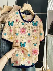 Women's Fresh Natural Style Floral Blue Butterfly Star Animal Print Knit Sweater T-Shirt, Round Neck Short Sleeve, Casual Fit, Knitwear Tops