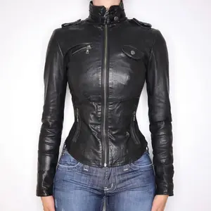 Sexy Street Style Motorcycle Waist Slim Fit Zipper Leather Jacket Dark Cool Handsome Hot Girl Versatile Coat for Women