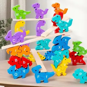 2in1 Montessori Dinosaur Toys for 2 3 4 Year Old Alphabet Colors Matching Toys, Balance Game, ABC Learning Wooden Stacking Toy Educational Balance Practice, Christmas Gift for Toddler Girls Boys