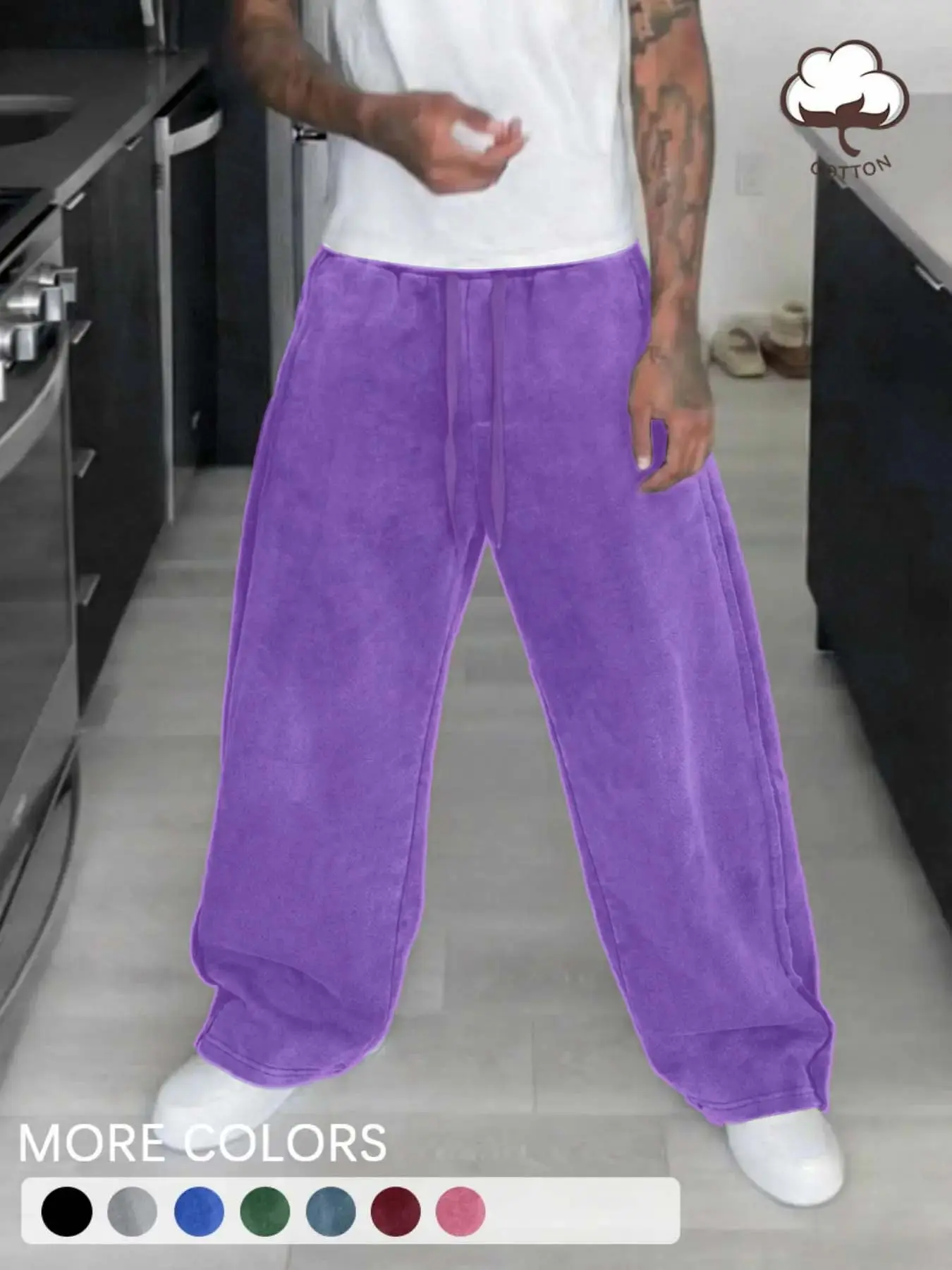Men's Street Style Cotton Joggers, Loose Fit Wide Leg Pants, Elastic Waist Knit Sportswear, Casual Fashion for Daily Wear, Athleisure Casual Bottoms