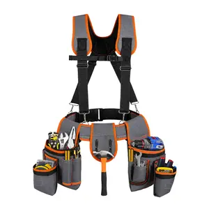 Heavy Duty Tool Belt with Suspenders, 18-Pocket Adjustable Tool Organizer for Construction, Framing, Electrical Work, Padded Comfort Harness, Fits 32-66 Inch Waist, Gray Orange