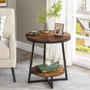 LITTLE TREE End Table, 2 Tier Round Side Table with Storage Shelf, Industrial Nightstand Bedside Table Coffee Accent Table for Living Room Bedroom Small Space