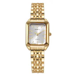 XIMILI Luxury Women's Gold-Tone Rectangle Quartz Watch with Stainless Steel Band Fashion Wristwatches Reloj Mujer Without Box