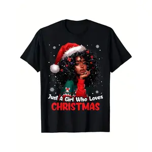 Just A Who Loves Christmas T-Shirt - African American Women'S 100% Pure  Heavyweight Fabric, Retro Graphic Tee with Santa Hat & Snowflakes Design, S-XXXL Sizes, Black with Red Lettering - Holiday Gift for Christmas Parties & Casual Attire
