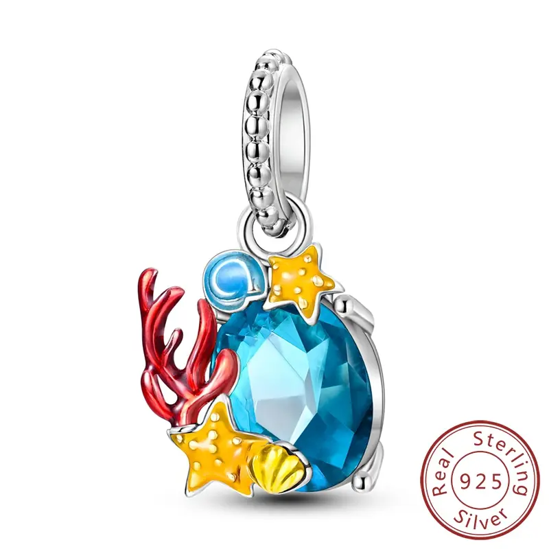 MULA 925 Sterling Silver Ocean Pendant with Blue Glass Crystal and Colorful Enamel Coral Starfish - Compatible with Pandora Bracelet, Suitable for Girls Gifting in Ocean Themed Events and Holiday Travel, Coastal Pendant, Sea Pendant