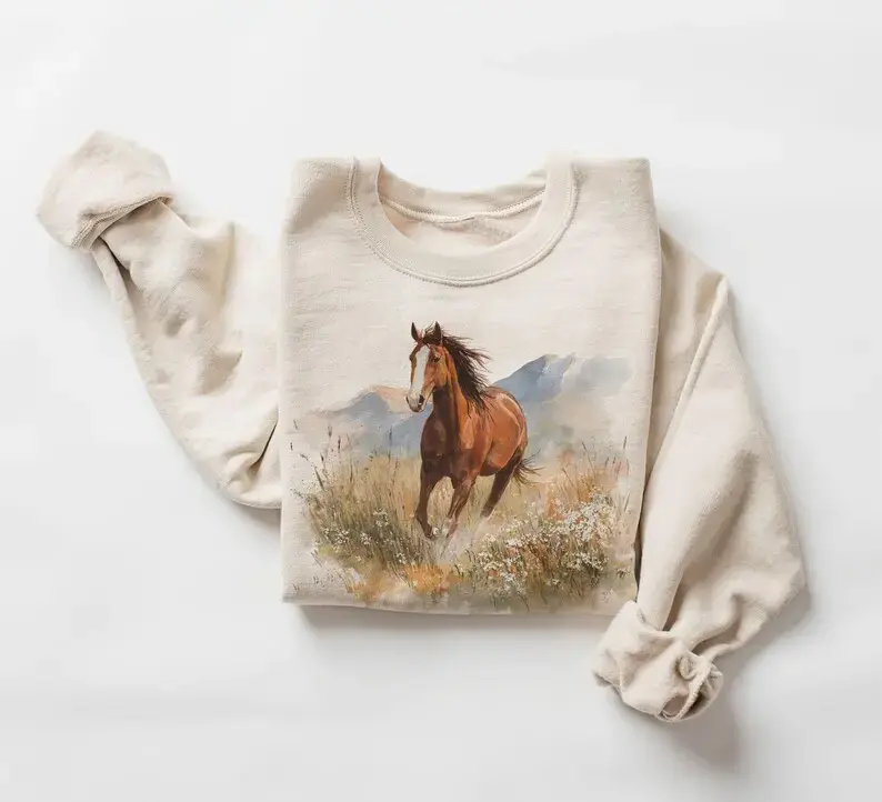 Women's Retro 90s Chestnut Horse Cotton Crewneck Sweatshirt - Relaxed Fit Fabric Top, Vintage Western Equestrian Graphic T-Shirt, Unisex Horse Lover Gift
