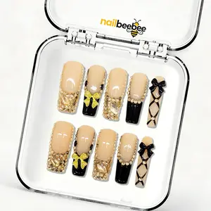 Luxury Nude Gold & Black Bow Mid Square Press-On Nails,10pcs Handmade Luxury Nude Gold Black Bow Mid Square Press-On Nails | Rhinestone Ballet Bow French Nails | Reusable Elegant Fake Nails | Formal Gift for Her
